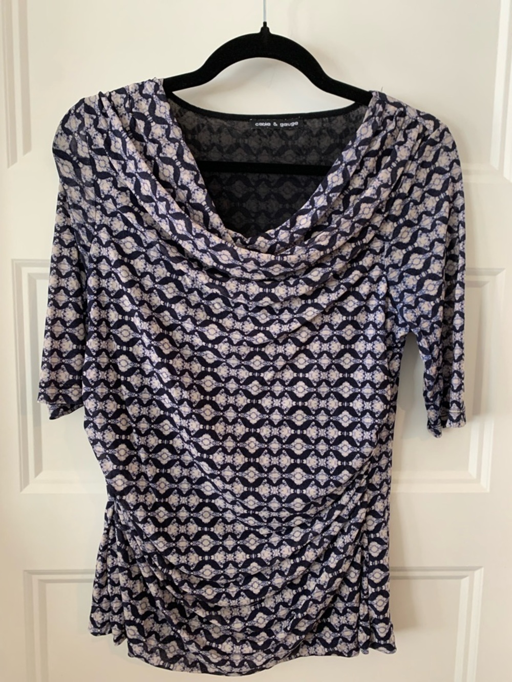 GABLE & GAUGE, Women's White and Navy Patterned Cowl Neck Top